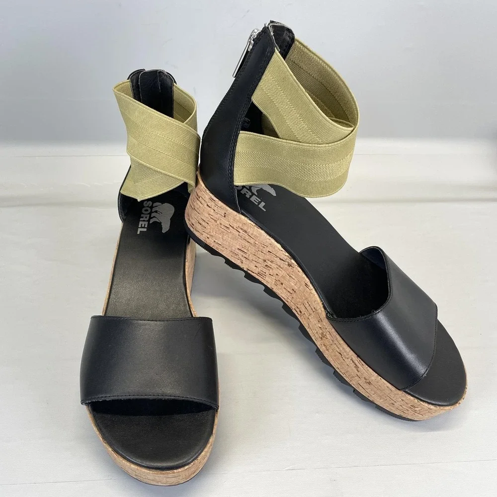 Sorel Cameron Flatform Wedge Sandals Womens Size 9.5 Black Leather Ankle Strap